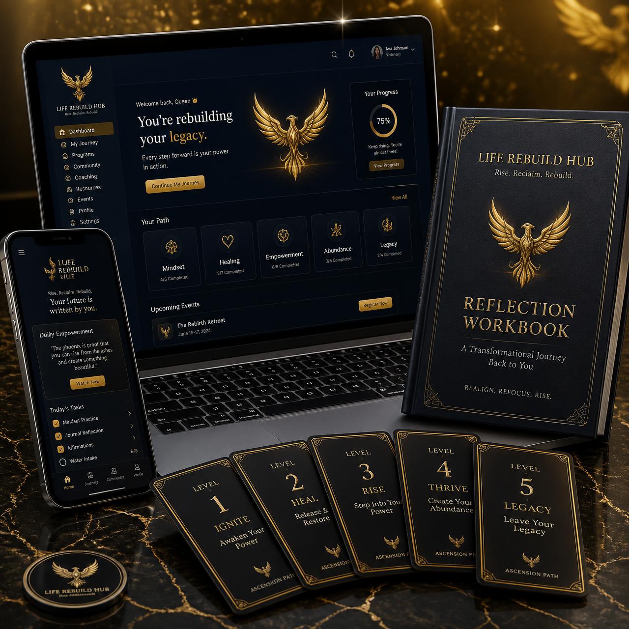 Life Rebuild Hub ecosystem — dashboard, mobile app, workbook and ascension path cards
