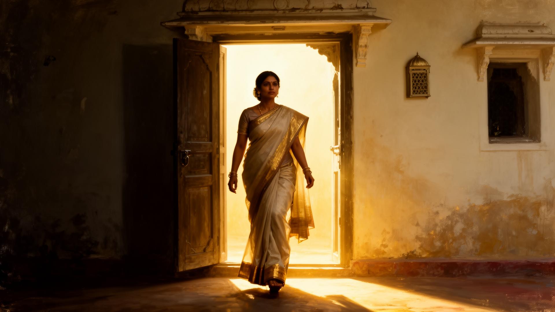 A resolute woman stepping into golden light